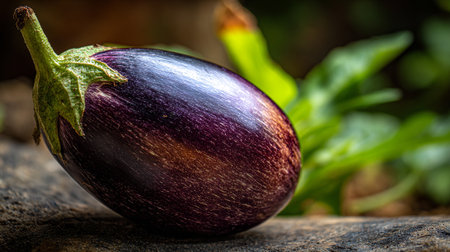 Fresh eggplant showcases vibrant purple hues on rustic wooden surfaceの素材