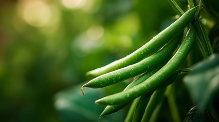Freshly picked green beans glistening with water droplets in natural lightの素材