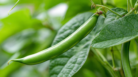 Lush Green Bean Growing on the Vine in a Vibrant Gardenの素材