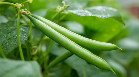 Freshly grown green beans on the vine, a vibrant summer harvestの素材