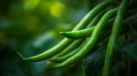 Freshly harvested green beans in garden, vibrant green healthy food closeupの素材