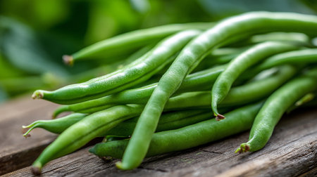 Freshly Picked Green Beans on Rustic Wooden Surface, Healthy Foodの素材