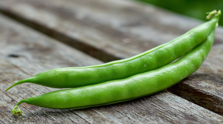 Fresh Green Beans on Rustic Wooden Surface, Healthy Eating Conceptの素材