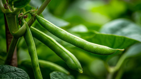 Fresh Green Beans Growing on the Vine in the Garden Sunlightの素材