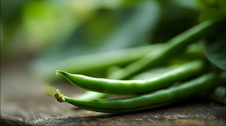 Freshly Harvested Green Beans Resting on a Rustic Wooden Surfaceの素材