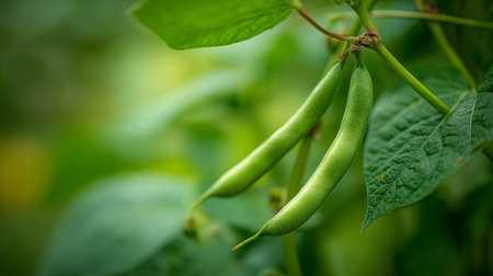 Fresh green beans growing in a garden, ready for harvestの素材