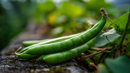 Freshly Picked Green Beans Resting on Mossy Stone in Summerの素材