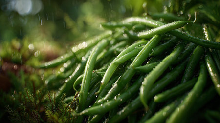 Fresh green beans glistening with water droplets after a summer rain shower.の素材