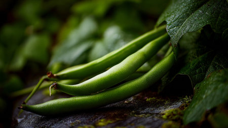 Freshly harvested green beans displaying their vibrant color and natural texturesの素材