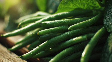 Freshly Harvested Green Beans with Dew Drops in Sunlightの素材