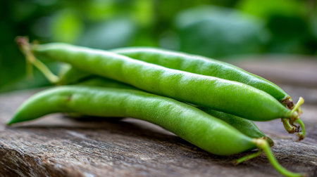 Freshly Picked Green Beans Displayed on Weathered Wood Surface Outdoorsの素材