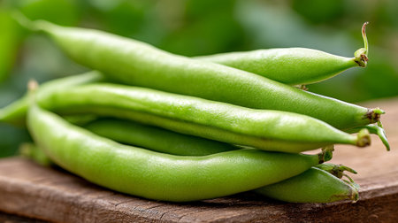 Fresh Green Fava Beans Stacked on Rustic Wood, Healthy Eating Conceptの素材