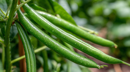 Freshly grown green beans ripening on the vine in the gardenの素材