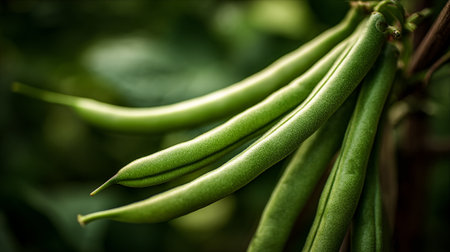 Fresh organic green beans hanging from plant in garden environment.の素材