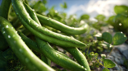 Fresh green beans with water droplets glistening in sunlight, a close viewの素材