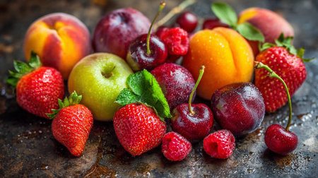 Variety of fresh summer fruits on rustic background, selective focusの素材