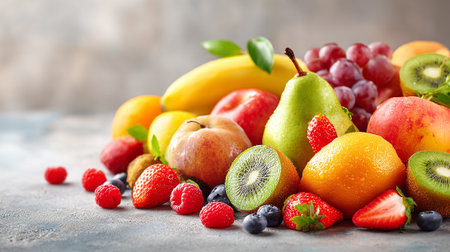 Assortment of fresh fruits on a light background, selective focus.の素材