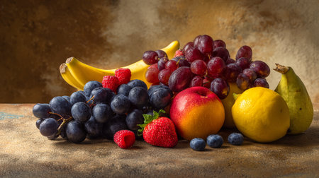 Still life with fresh fruits and berries on rustic background, selective focusの素材
