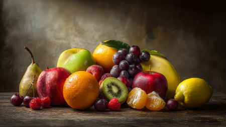 Fruits on old wooden table, selective focus. Toned imageの素材