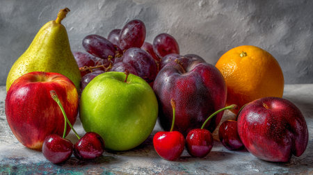 Still life with fresh fruits and berries on rustic background, selective focusの素材