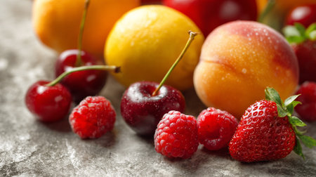 Fruits and berries on grey table, closeup. Healthy foodの素材