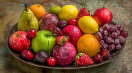 Fruits in a plate on rustic background. Selective focus.の素材
