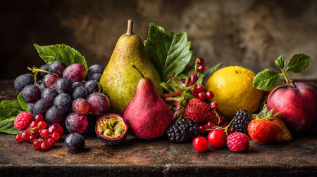 Fruits and berries on rustic background. Healthy food concept.の素材