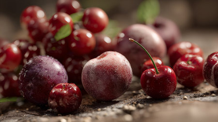 Fresh cherries with water drops on wooden background. Selective focus.の素材