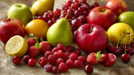 Fruit background. Fruits and berries on rustic background.の素材