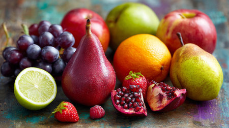 Variety of fresh fruits on rustic wooden background, selective focusの素材