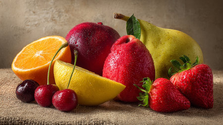 Fruits on a sackcloth, close-up, selective focusの素材
