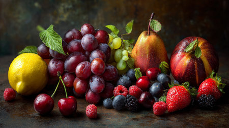 Mix of fresh fruits and berries on rustic background. Selective focusの素材