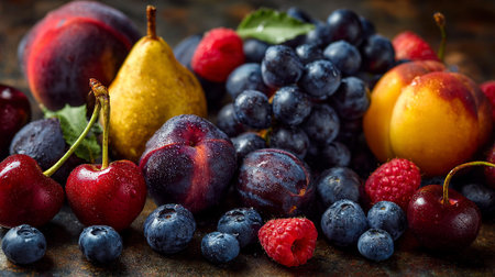 Fresh fruits and berries on rustic wooden table, selective focus.の素材