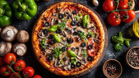Pizza with mushrooms, olives, tomatoes and basil on a black backgroundの素材