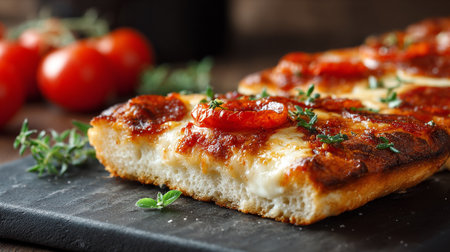 Pizza with mozzarella cheese and tomatoes on a dark backgroundの素材