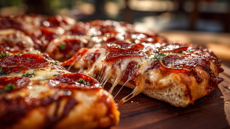 Pizza with salami and mozzarella cheese on wooden boardの素材