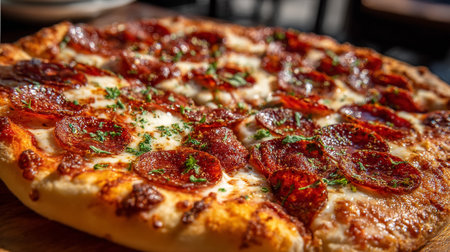 Pizza with salami and mozzarella cheese on a wooden boardの素材