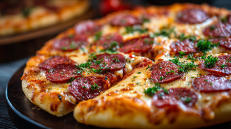 Pepperoni pizza with salami and mozzarella cheese on wooden backgroundの素材