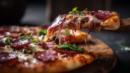 Pizza with salami, mozzarella and herbs on wooden boardの素材