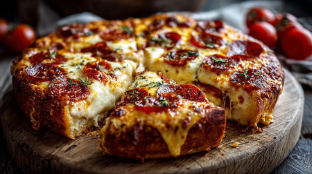 Homemade pizza with mozzarella cheese and tomatoes on wooden backgroundの素材