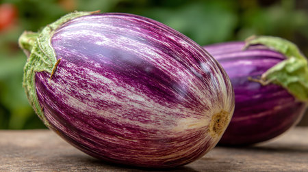 Striking Graffiti Eggplant Duo Displayed on Rustic Wooden Surface in Natural Lightの素材