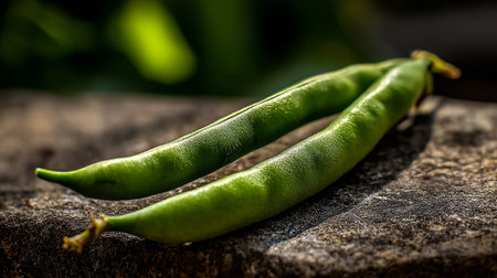 Fresh Green Beans Resting Harmoniously on a Weathered Stone Surface Outdoorsの素材