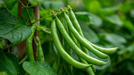 Fresh Organic Green Beans Hanging on the Vine in Gardenの素材