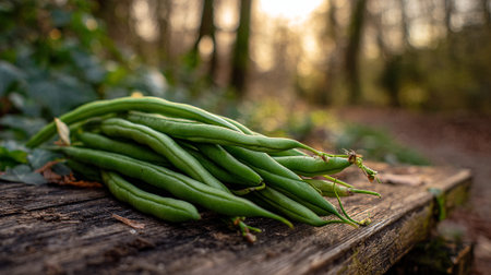 Fresh Green Beans Displayed on Rustic Wooden Surface Amidst Natural Settingの素材