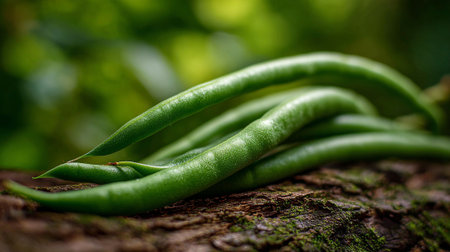 Freshly picked green beans resting on weathered bark amidst lush foliageの素材
