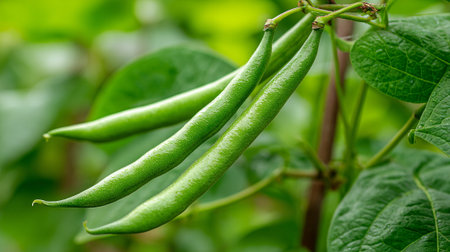 Three fresh green beans hanging on the vine against foliage backdropの素材