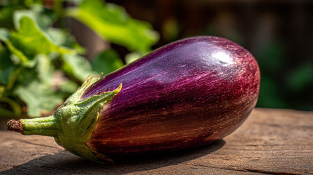 Fresh Eggplant Resting Gracefully on Rustic Wooden Table in Natural Lightの素材