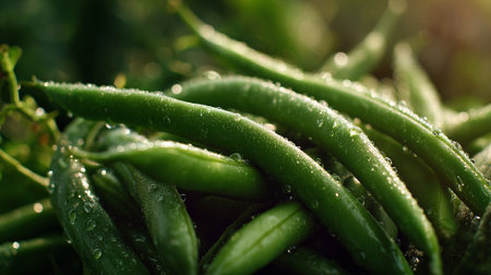 Fresh green beans glistening with water droplets in an overhead arrangement.の素材