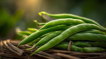 Freshly Harvested Green Beans in a Rustic Wicker Basket Under Sunlightの素材