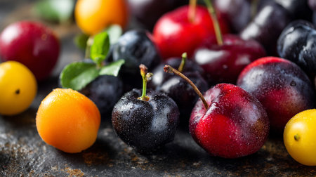 Ripe sweet cherry and plums on a dark rustic backgroundの素材